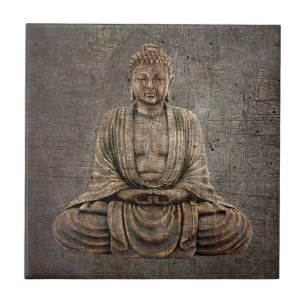 Sitta Buddha på bekymrad metallbakgrund Kakelplatta