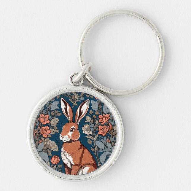 Sitta Hare William Morris Inspired Blommigt Rund Silverfärgad Nyckelring (Framsidan)