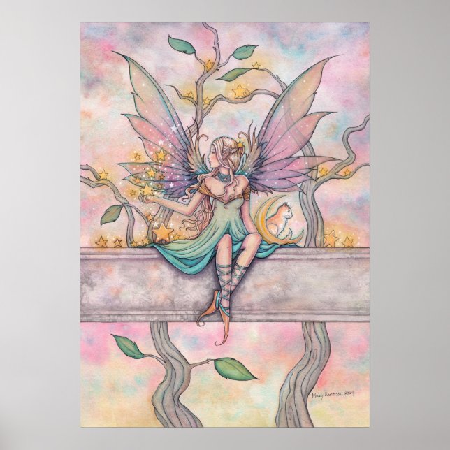 Sitta med Stars Fairy with Orange Tabby Art Poster (Framsidan)