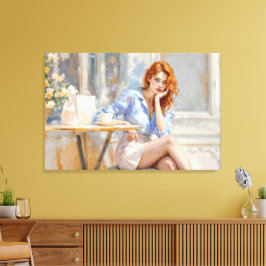 Sitta vid en cafémjuk konst canvastryck