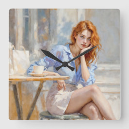 Sitta vid en cafémjuk konst fyrkantig klocka