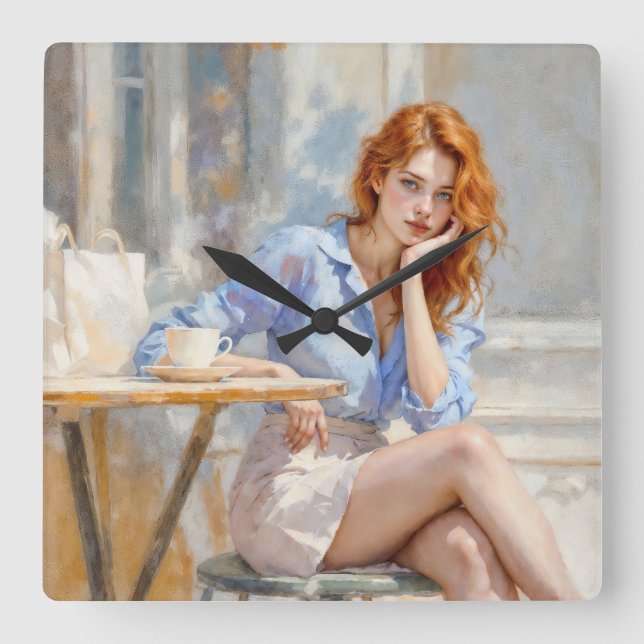 Sitta vid en cafémjuk konst fyrkantig klocka (Framsida)