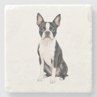 Sittande Boston Terrier Naturstensunderlägg Stenunderlägg