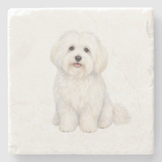 Sittande Coton De Tulear Naturstensundersats Stenunderlägg