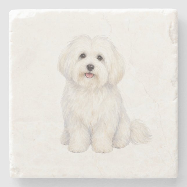 Sittande Coton De Tulear Naturstensundersats Stenunderlägg (Framsidan)