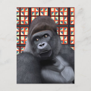 Sittande gorilla på röd och blå geometrisk vilda d vykort