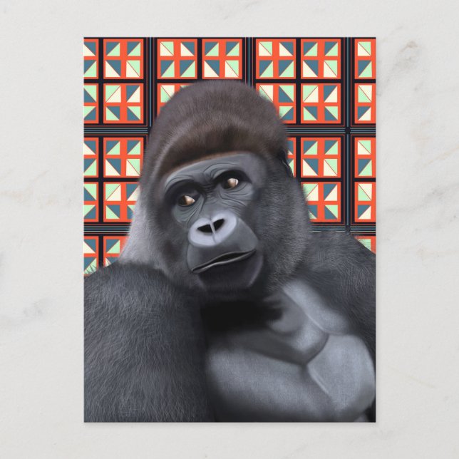 Sittande gorilla på röd och blå geometrisk vilda d vykort (Framsida)