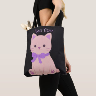 Sittande katt lila båge söt kawaii anpassad svart tygkasse