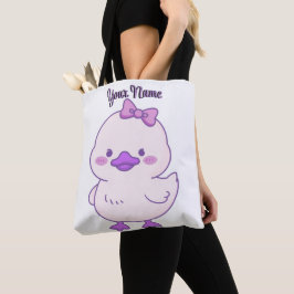 Sittande lila anka söt kawaii anpassat namn tote tygkasse