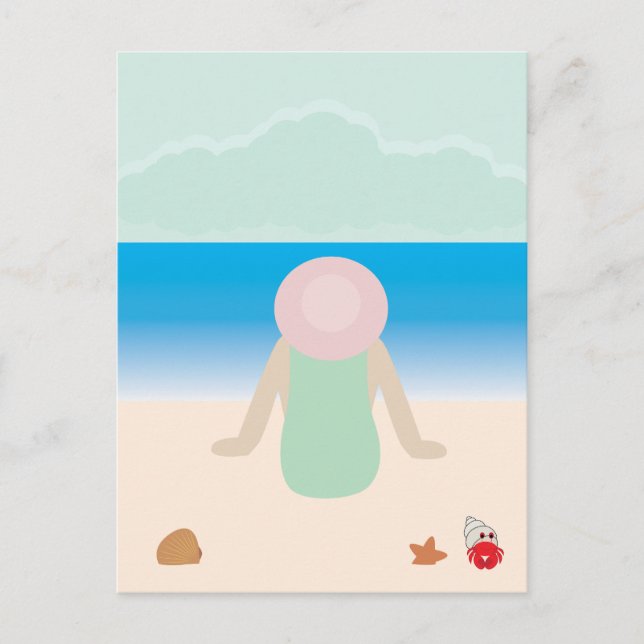 Sittande på sandstranden vykort (Framsida)