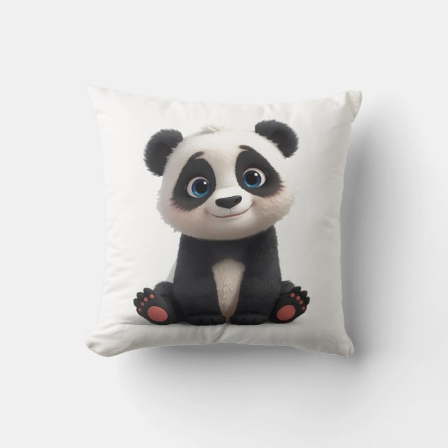Sittande Panda Björn Tecknad Illustration Konstver Kudde (Framsida)