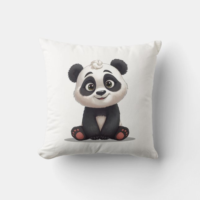 Sittande Panda Björn Tecknad Illustration Konstver Kudde (Framsida)