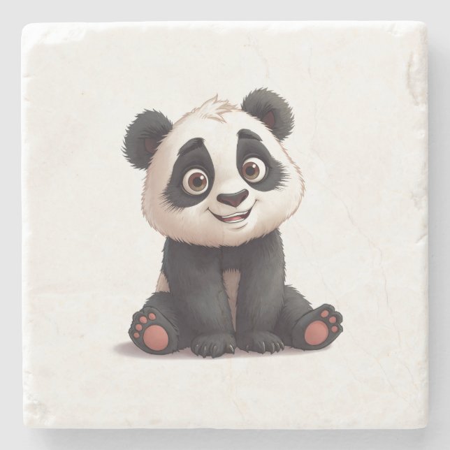 Sittande Panda Björn Tecknad Illustration Konstver Stenunderlägg (Framsidan)