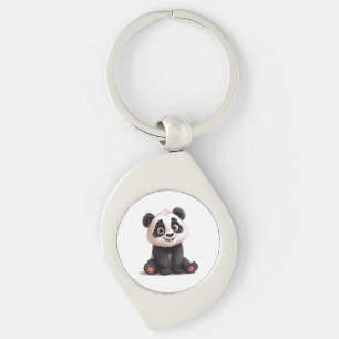 Sittande Panda Björn Tecknad Illustration Konstver Swirl Silverfärgad Nyckelring
