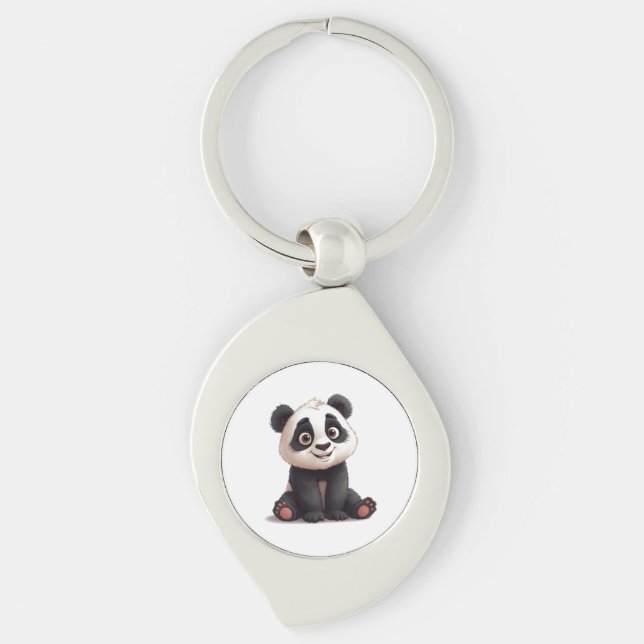 Sittande Panda Björn Tecknad Illustration Konstver Swirl Silverfärgad Nyckelring (Framsidan)