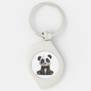 Sittande Panda Björn Tecknad Illustration Konstver Swirl Silverfärgad Nyckelring