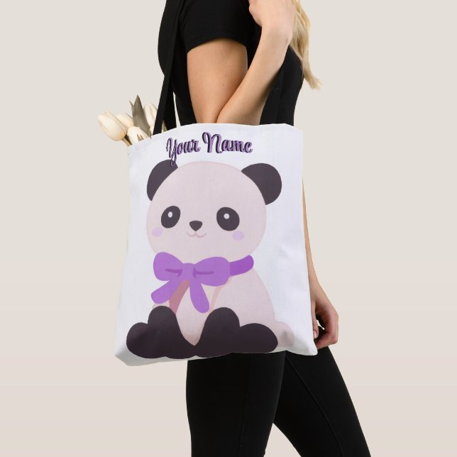 Sittande Panda Lila Båge Söt Kawaii Anpassningsbar Tygkasse (Närbild)