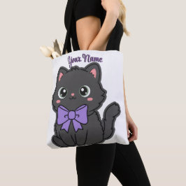 Sittande svart katt lila båge söt kawaii anpassad tygkasse