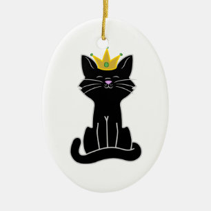 Sittande svart katt med den guld- kronan julgransprydnad keramik