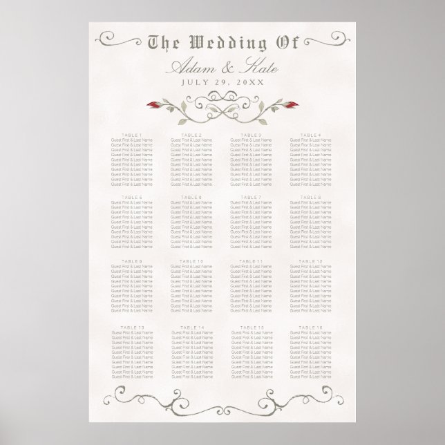 SITTCHART 121-160 | ELEGANT RÖD ROS BRÖLLOP POSTER (Framsidan)