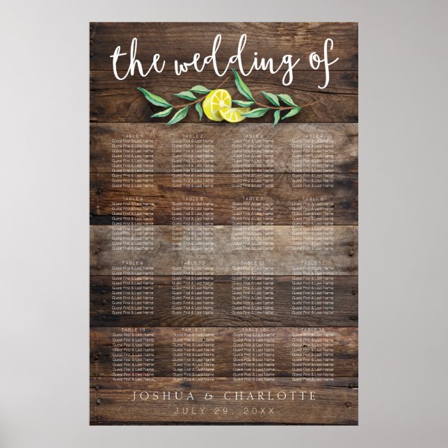 SITTCHART 121-160 | Rustic Wood Lemon Bröllop Poster (Framsidan)