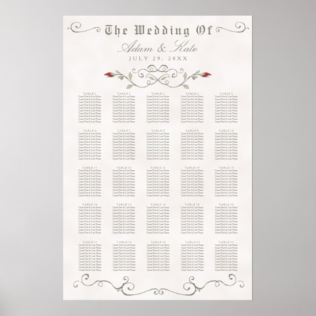 SITTCHART 201-250 | ELEGANT RÖD ROS BRÖLLOP POSTER (Framsidan)
