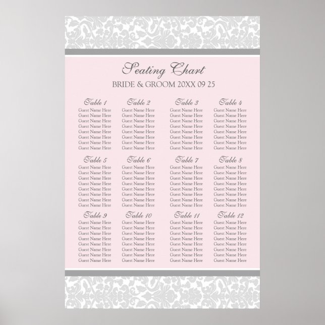 Sittdiagram 12 Bord 96 Guests Rosa Grått Damask Poster (Framsidan)
