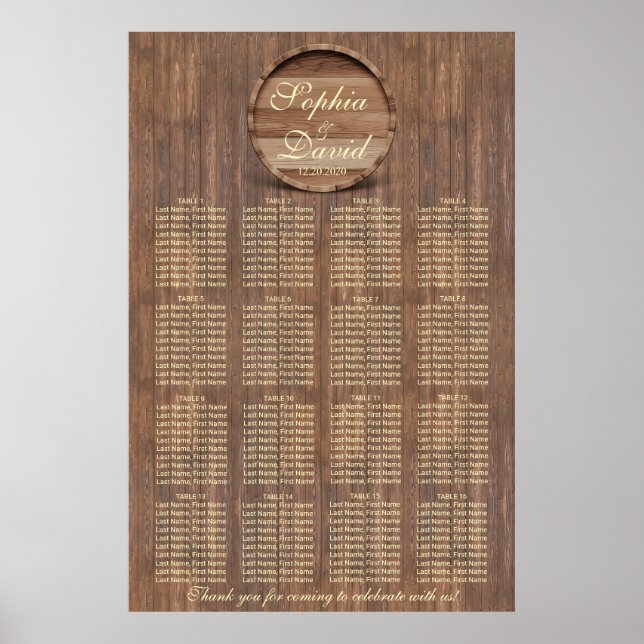 Sittdiagram 16 bord i Bröllop i vineyard Barrel Poster (Framsidan)