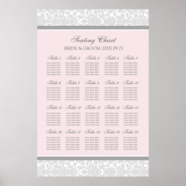 Sittdiagram 20 Bord 120 Guests Rosa Grått Damask Poster (Framsidan)