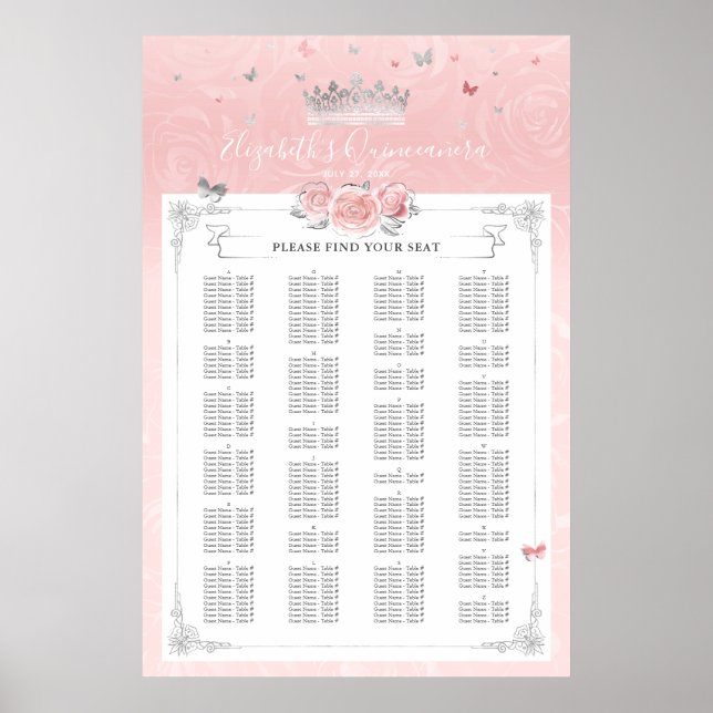 Sittdiagram för alfabetiskt Silver Ljusa rosa Ro Poster (Framsidan)
