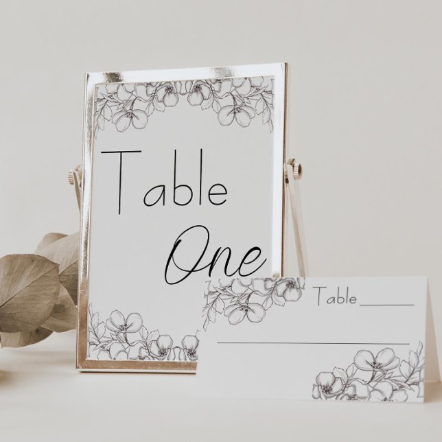 Sittdiagram för Blommigt av linjebröllop Bordsnummer (table numbers wedding floral line art black and white script)