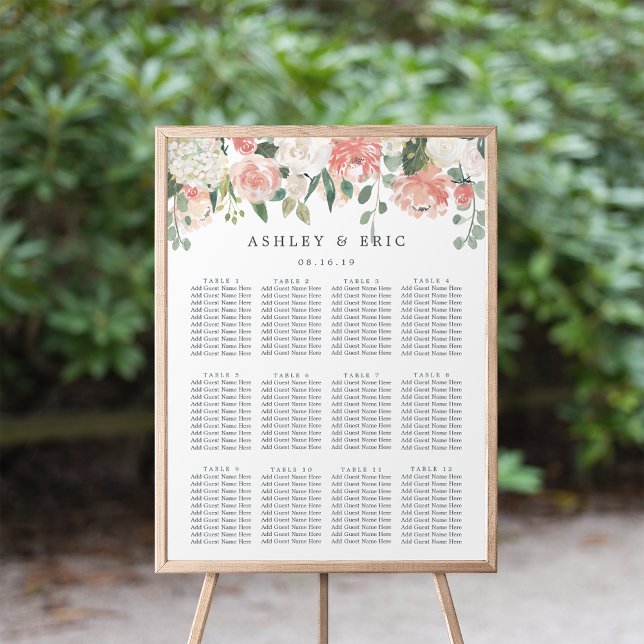 Sittdiagram för Blommigt Bröllop vid mitten av som Poster (Blush and sage floral wedding seating chart)