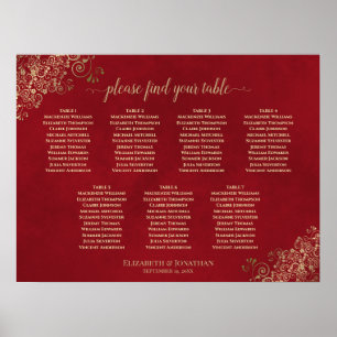 Sittdiagram för Bord Crimson Red & Guld Bröllop Poster