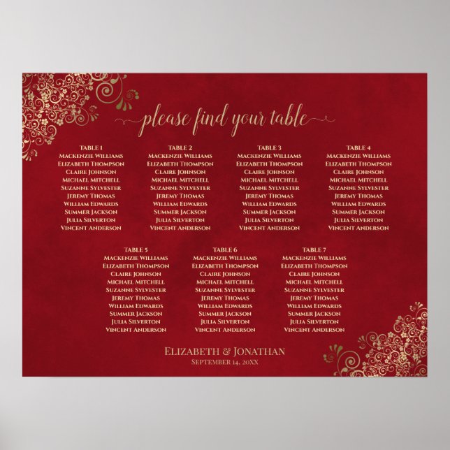 Sittdiagram för Bord Crimson Red & Guld Bröllop Poster (Framsidan)