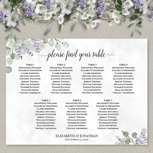 Sittdiagram för Bord Lavender Eucalyptus Bröllop Poster (In Situ on Wall with Flowers)