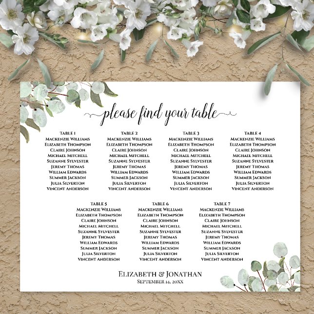 Sittdiagram för Bord Rustic Eucalyptus Bröllop Poster (In Situ on Wall with Flowers)