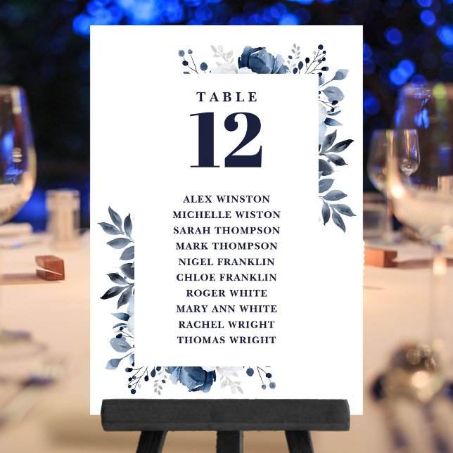 Sittdiagram för Bordsnummer av blå Blommigt (Navy Blue Floral Table Number Seating Chart)