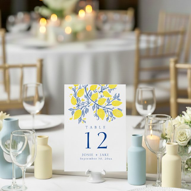 Sittdiagram för Bordsnummer av citronviner (Bright yellow and blue wedding table number place card.)