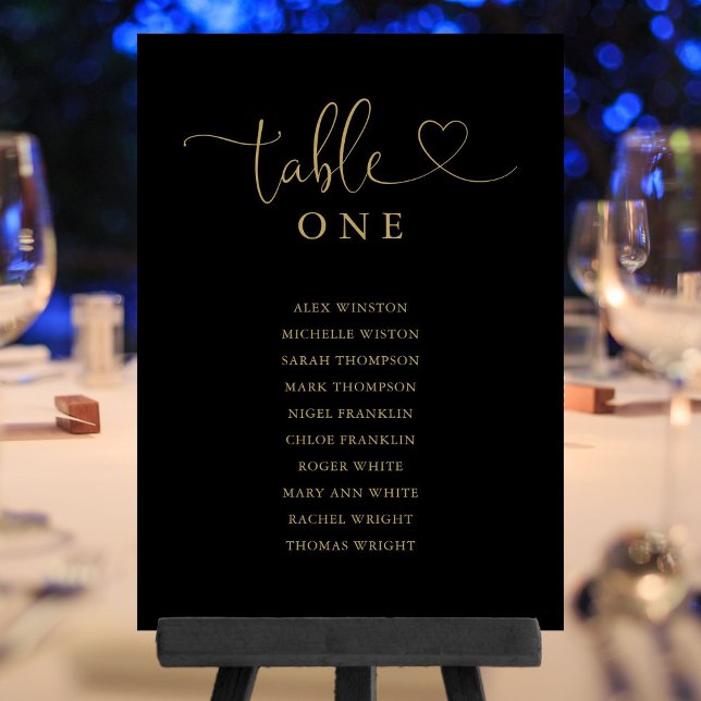 Sittdiagram för Bordsnumret Svart Guld i hjärtskri Inbjudningar (Heart Script Black Gold Table Number Seating Chart)
