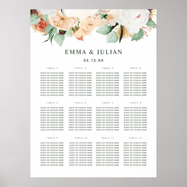 Sittdiagram för botaniskt Boho Greenery Bröllop Poster (Framsidan)