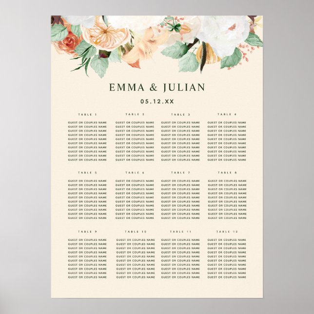 Sittdiagram för botaniskt Boho Peach Blommigt Bröl Poster (Framsidan)