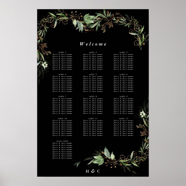 Sittdiagram för botaniskt eukalyptus Black Bröllop Poster (Framsidan)