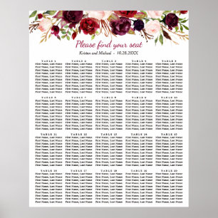 Sittdiagram för Burgundisk Blommigt 20 Bord Bröllo Poster