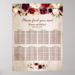 Sittdiagram för Burgundy Blommigt Rustic Wood Bröl Poster