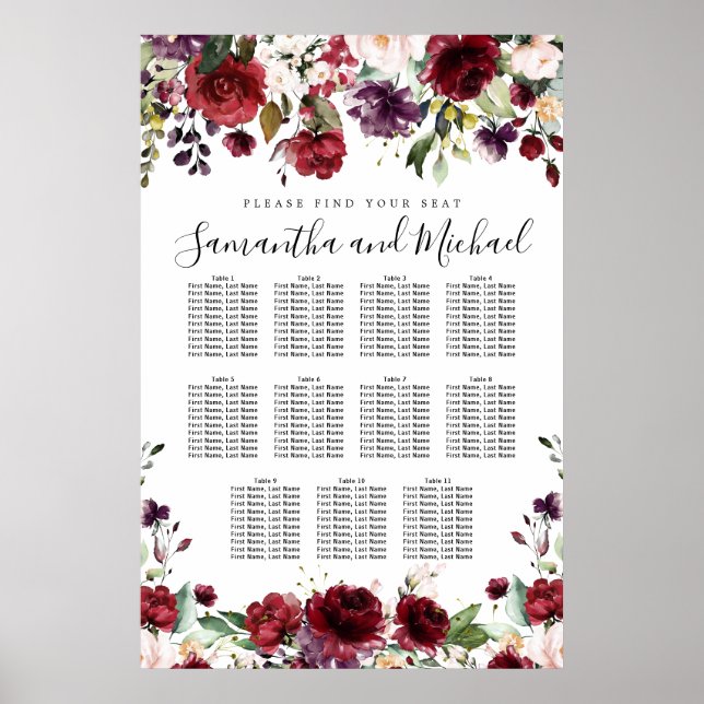 Sittdiagram för Burgundy Red Blommigt 11-Bord Bröl Poster (Framsidan)