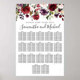 Sittdiagram för Burgundy Red Blommigt 17-Bord Bröl Poster