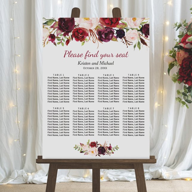 Sittdiagram för Burgundy Red Blommigt 8 Bord Bröll Poster (Skapare uppladdad)