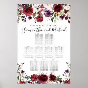 Sittdiagram för Burgundy Red Blommigt 9-Bord Bröll Poster