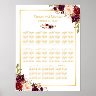 Sittdiagram för Burgundy Red Blommigt Guld Bröllop Poster