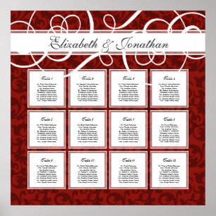 Sittdiagram för Burgundy Red Damask 12 Bröllop Bor Poster